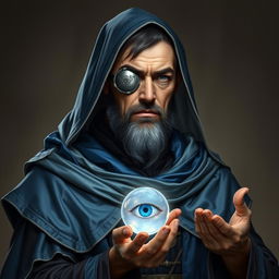 A full body portrait of a human wizard, characterized by a stoic and knowledgeable demeanor