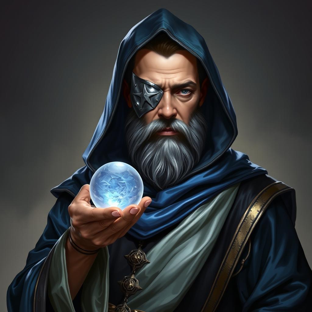 A full body portrait of a human wizard, characterized by a stoic and knowledgeable demeanor