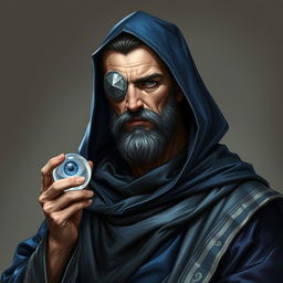 A full body portrait of a human wizard, characterized by a stoic and knowledgeable demeanor