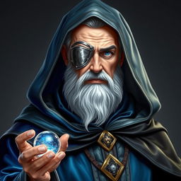 A full body portrait of a human wizard, exuding a stoic and knowledgeable presence