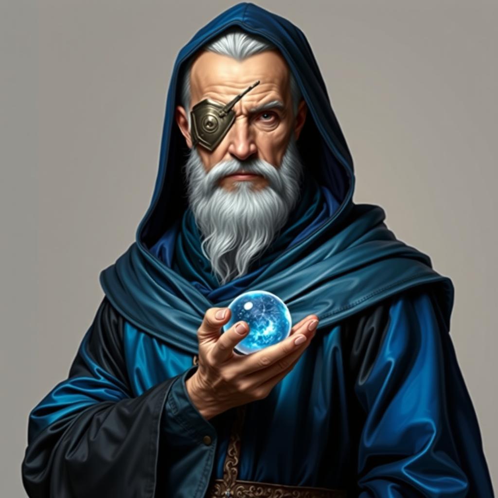 A full body portrait of a human wizard, exuding a stoic and knowledgeable presence