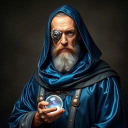 A full body portrait of a human wizard, exuding a stoic and knowledgeable presence