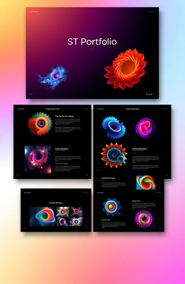 A stunning graphic design portfolio layout showcasing various digital artwork pieces centered around vibrant colors and geometric shapes