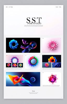 A stunning graphic design portfolio layout showcasing various digital artwork pieces centered around vibrant colors and geometric shapes