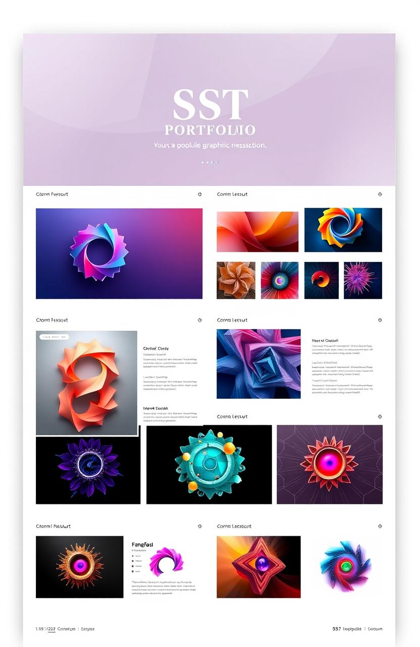 A stunning graphic design portfolio layout showcasing various digital artwork pieces centered around vibrant colors and geometric shapes
