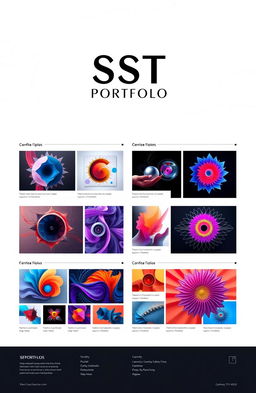 A stunning graphic design portfolio layout showcasing various digital artwork pieces centered around vibrant colors and geometric shapes