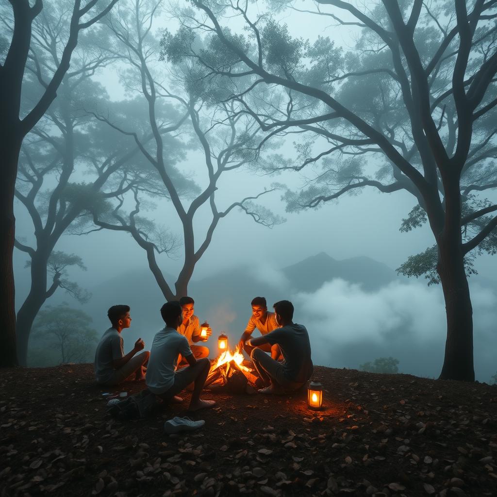A serene and misty mountain landscape in Sri Lanka, featuring a group of boys camping under a network of tall, majestic trees