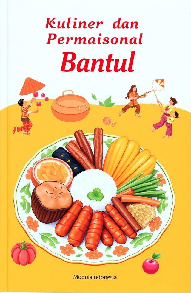A vibrant cover for a module showcasing the culinary delights and traditional games of Bantul, Indonesia