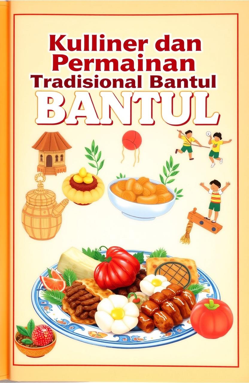 A vibrant cover for a module showcasing the culinary delights and traditional games of Bantul, Indonesia