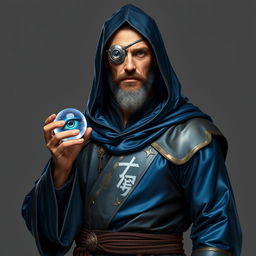 A full body image of a human figure exuding a stoic and knowledgeable aura