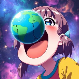 A whimsical anime-style scene featuring a giant girl with a playful expression, her mouth wide open about to consume the Earth