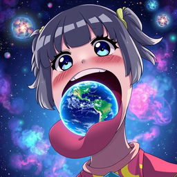 A whimsical anime-style scene featuring a giant girl with a playful expression, her mouth wide open about to consume the Earth