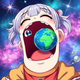 A whimsical anime-style scene featuring a giant girl with a playful expression, her mouth wide open about to consume the Earth