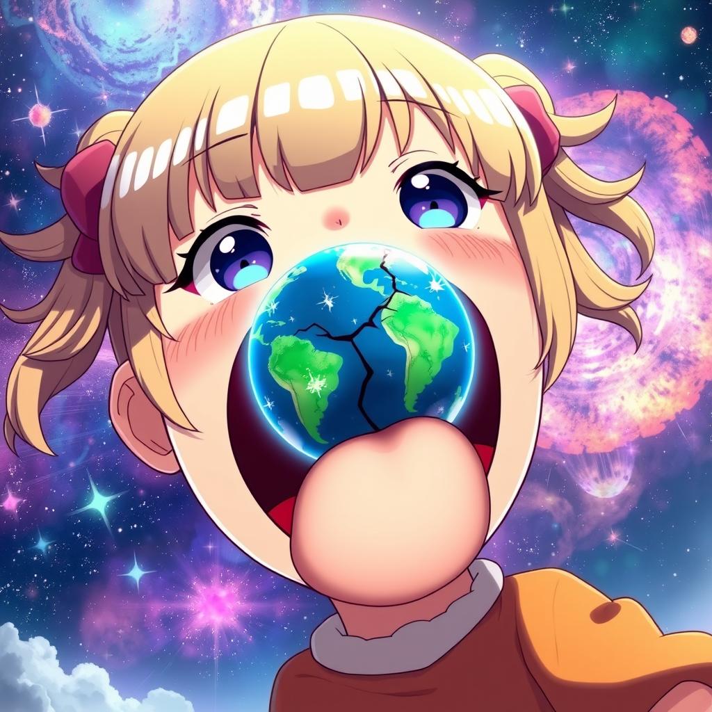 A whimsical anime-style scene featuring a giant girl with a playful expression, her mouth wide open about to consume the Earth