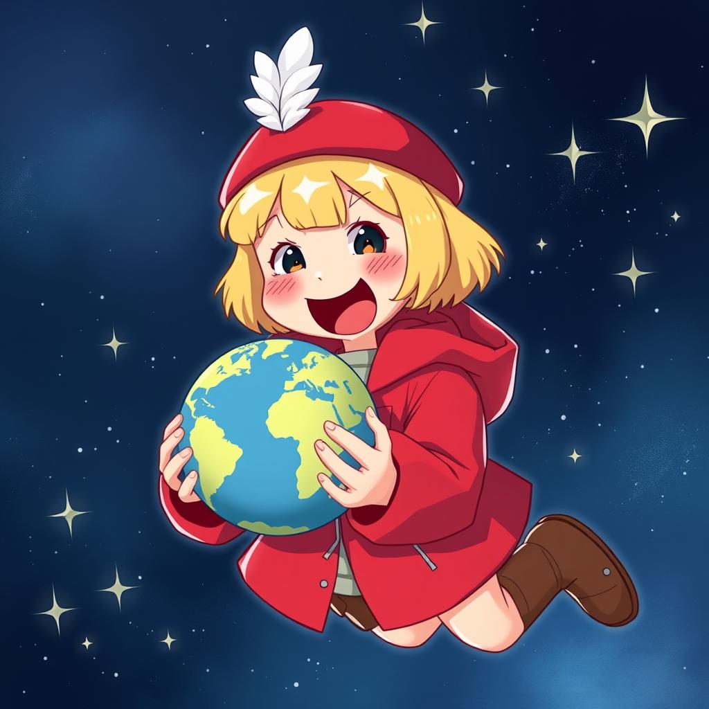 A cheerful young girl with short blonde hair and bangs, wearing a red hat with a white feather decoration, a thick red jacket with simple patterns, and brown boots