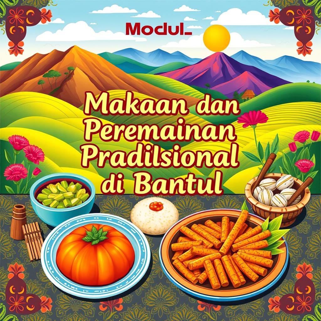 A colorful and engaging cover design for a module about traditional food and games in Bantul