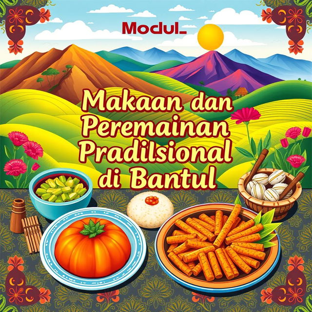 A colorful and engaging cover design for a module about traditional food and games in Bantul