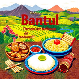 A colorful and engaging cover design for a module about traditional food and games in Bantul