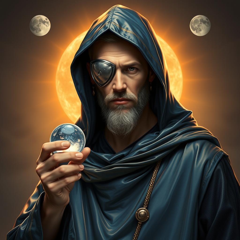 A full body image of a human figure radiating a stoic and knowledgeable presence, enhanced by a mysterious atmosphere