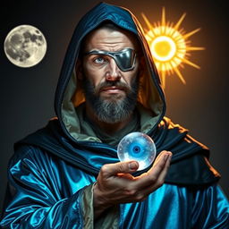 A full body image of a human figure radiating a stoic and knowledgeable presence, enhanced by a mysterious atmosphere