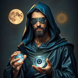 A full body image of a human figure radiating a stoic and knowledgeable presence, enhanced by a mysterious atmosphere