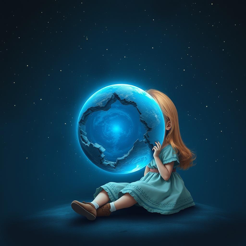 A small imaginative girl with bright blonde hair, dressed like an adventurer, sits under a starry night sky