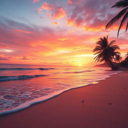 A vibrant and engaging Facebook cover photo featuring a breathtaking sunset over a tranquil beach