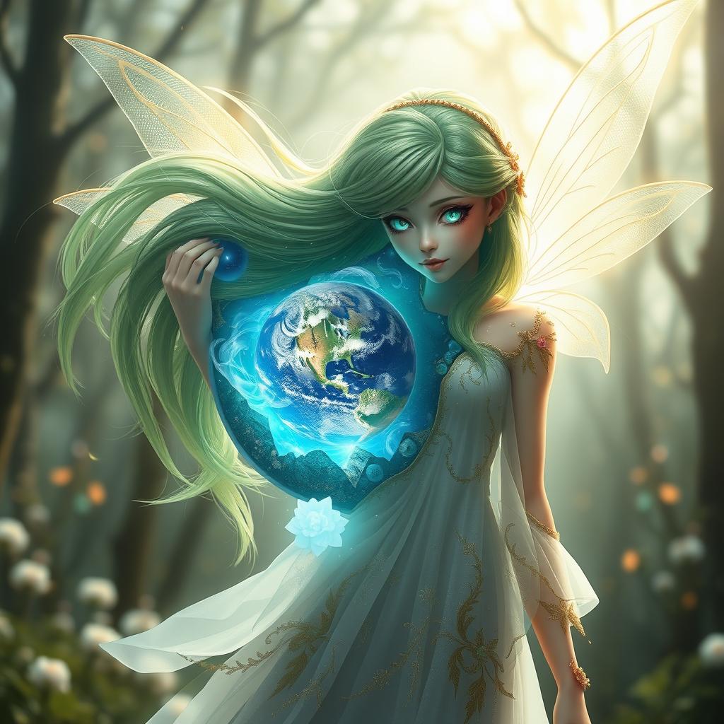 An ethereal fairy-like character with long, shimmering green hair and glowing eyes