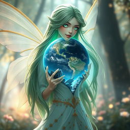 An ethereal fairy-like character with long, shimmering green hair and glowing eyes