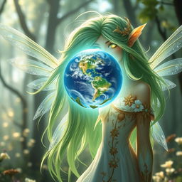An ethereal fairy-like character with long, shimmering green hair and glowing eyes