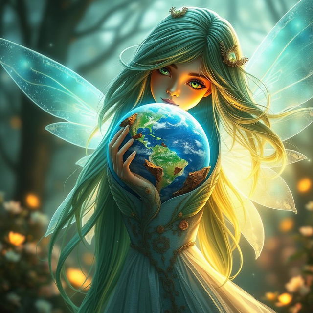 An ethereal fairy-like character with long, shimmering green hair and glowing eyes