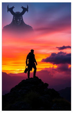 A rugged man standing majestically on a mountain peak at sunset, with vibrant orange and purple hues illuminating the sky