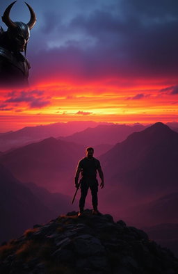 A rugged man standing majestically on a mountain peak at sunset, with vibrant orange and purple hues illuminating the sky
