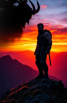 A rugged man standing majestically on a mountain peak at sunset, with vibrant orange and purple hues illuminating the sky