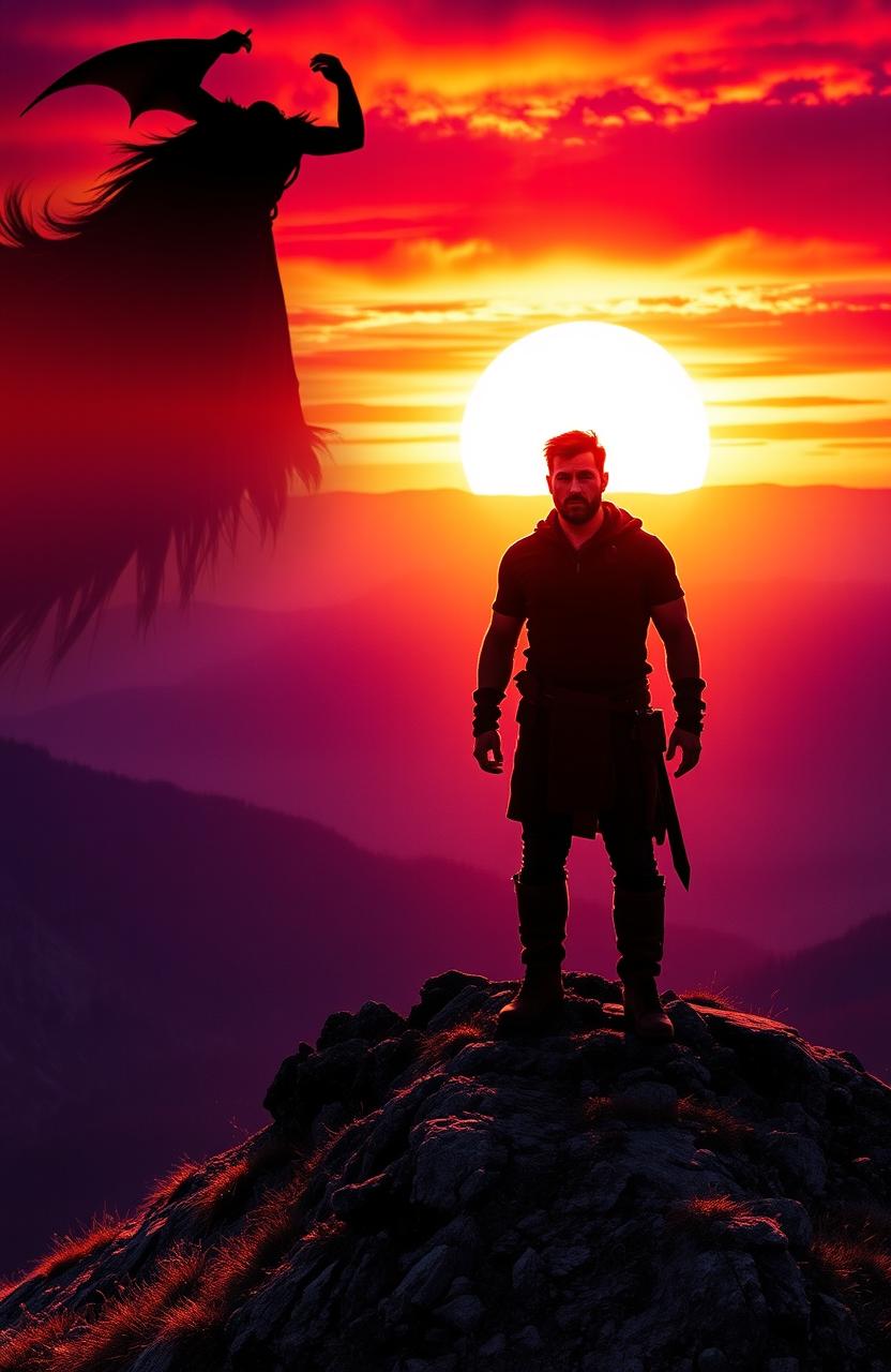 A rugged man standing majestically on a mountain peak at sunset, with vibrant orange and purple hues illuminating the sky