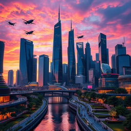 An image featuring a futuristic city skyline against a sunset backdrop, with sleek, towering skyscrapers made of glass and metal reflecting vibrant hues of orange, purple, and pink from the sky