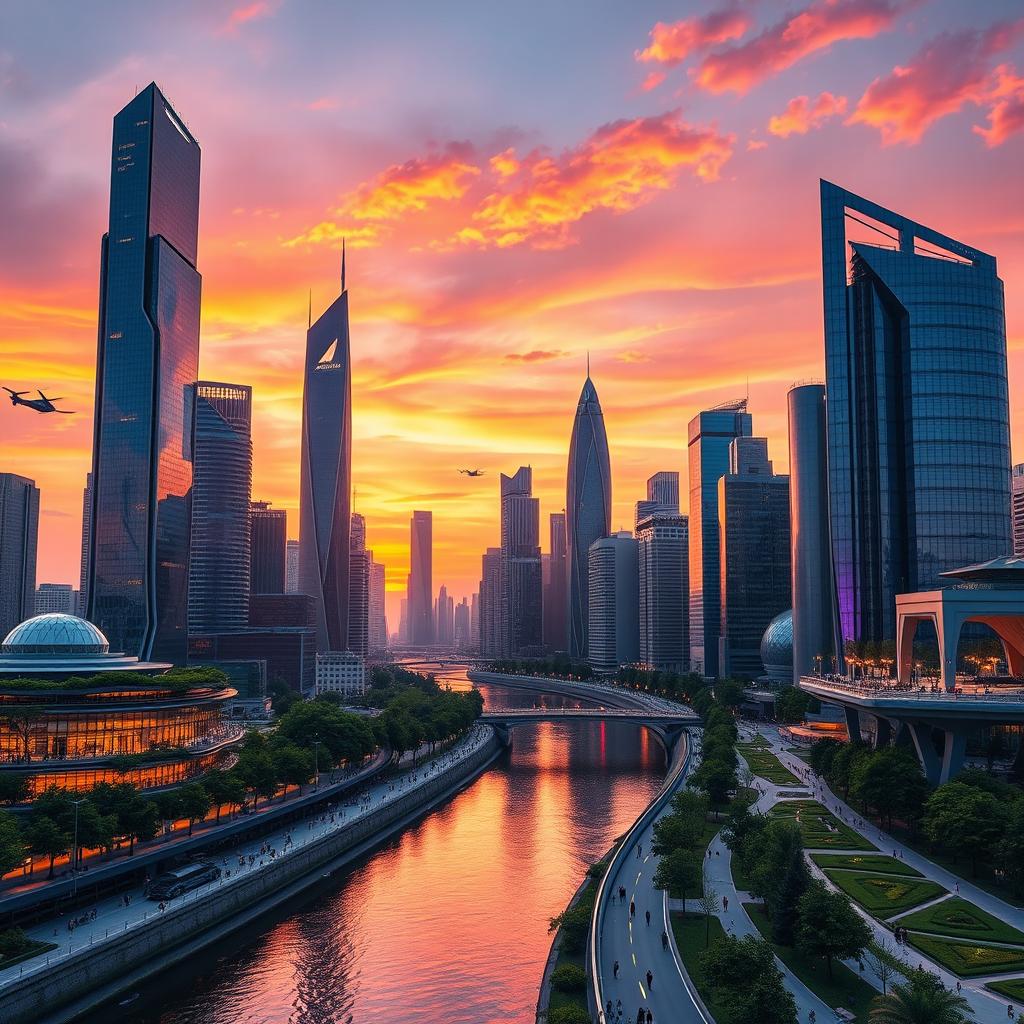 An image featuring a futuristic city skyline against a sunset backdrop, with sleek, towering skyscrapers made of glass and metal reflecting vibrant hues of orange, purple, and pink from the sky