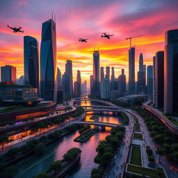 An image featuring a futuristic city skyline against a sunset backdrop, with sleek, towering skyscrapers made of glass and metal reflecting vibrant hues of orange, purple, and pink from the sky