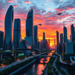 An image featuring a futuristic city skyline against a sunset backdrop, with sleek, towering skyscrapers made of glass and metal reflecting vibrant hues of orange, purple, and pink from the sky