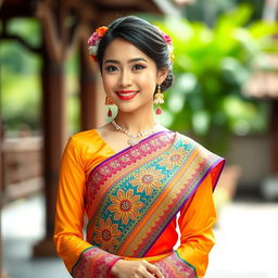 A beautiful Thai woman in a vibrant traditional outfit, showcasing cultural elements such as intricate patterns and colorful fabrics