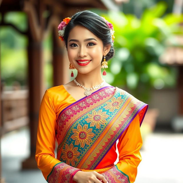 A beautiful Thai woman in a vibrant traditional outfit, showcasing cultural elements such as intricate patterns and colorful fabrics
