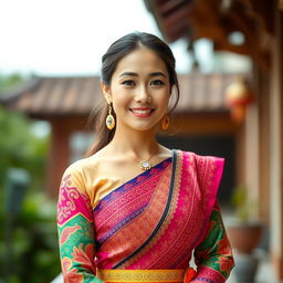 A beautiful Thai woman in a vibrant traditional outfit, showcasing cultural elements such as intricate patterns and colorful fabrics