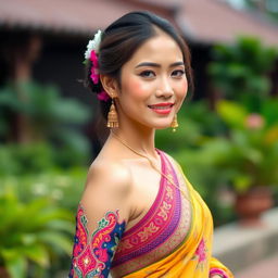A beautiful Thai woman in a vibrant traditional outfit, showcasing cultural elements such as intricate patterns and colorful fabrics