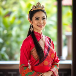 A beautiful Thai woman in a vibrant traditional outfit, showcasing cultural elements such as intricate patterns and colorful fabrics