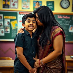 A romantic scene in an Indian classroom setting, featuring a female teacher with long black hair and curvy figure, wearing traditional Indian attire such as a saree, with an emphasis on her attractive features
