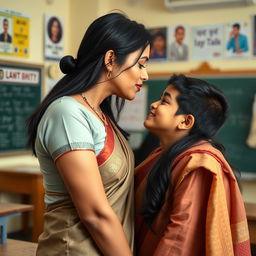 A romantic scene in an Indian classroom setting, featuring a female teacher with long black hair and curvy figure, wearing traditional Indian attire such as a saree, with an emphasis on her attractive features
