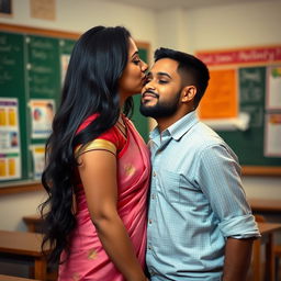 A romantic scene in an Indian classroom setting, featuring a female teacher with long black hair and curvy figure, wearing traditional Indian attire such as a saree, with an emphasis on her attractive features