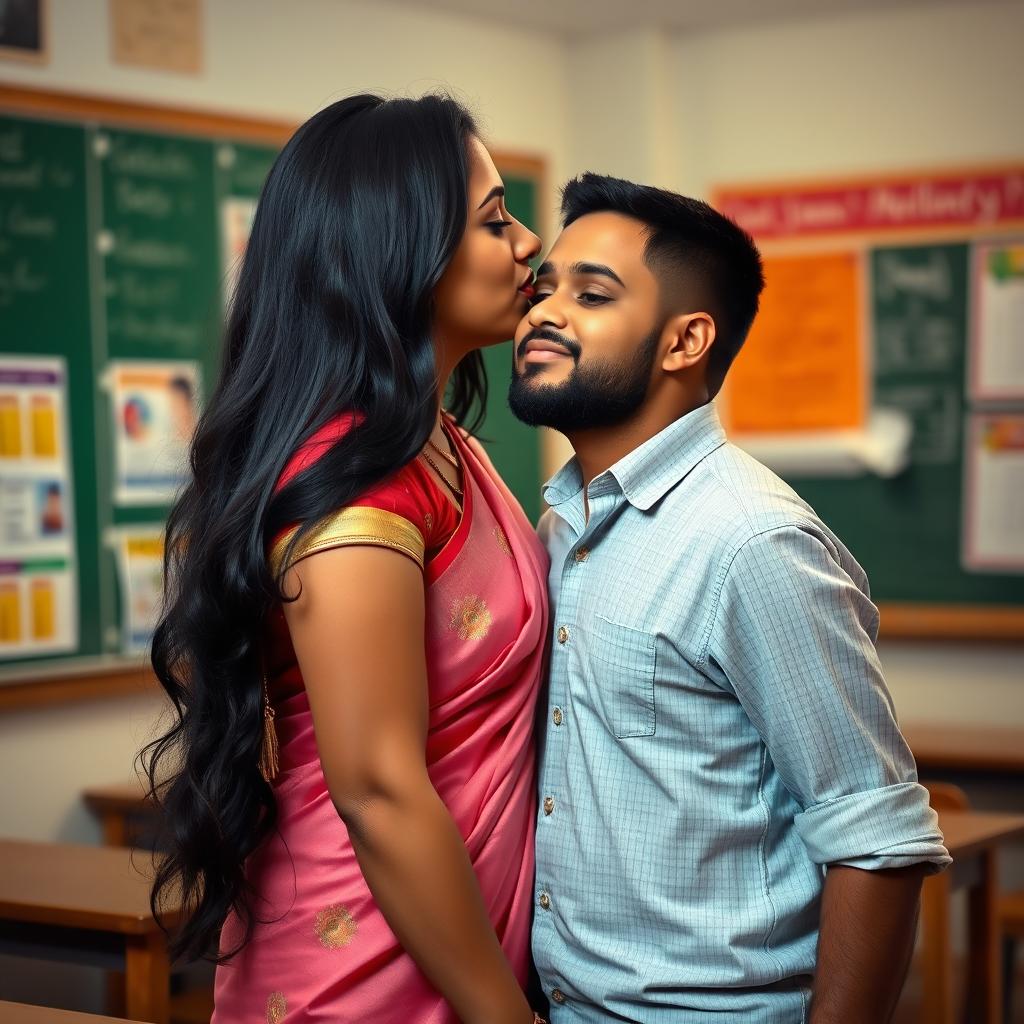 A romantic scene in an Indian classroom setting, featuring a female teacher with long black hair and curvy figure, wearing traditional Indian attire such as a saree, with an emphasis on her attractive features