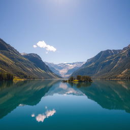 A scenic view of a tranquil lake surrounded by majestic mountains under a bright blue sky