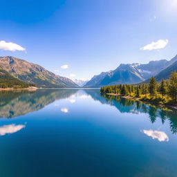 A scenic view of a tranquil lake surrounded by majestic mountains under a bright blue sky